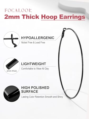 FOCALOOK 14K Gold Plated Lightweight Large Hoops| 2mm Thin Hoop Earrings for Women 30/40/50/70/100mm - color: 01.Black, size: 100mm