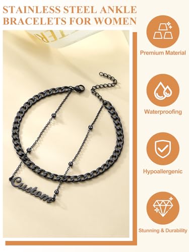 Custom4U Custom Name Anklet Bracelets for Women Waterproof Beaded/Figaro/Cuban/Rope/Wheat Chain Anklet Stackable Gold Plated Non Tarnish Custom Beach Gift Barefoot Summer Jewelry for Her - color: B03-Black Cuban Chain