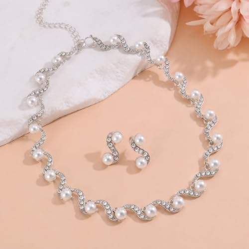 Wavy Pearl Necklace for Women, Rhinestone Crystal Accented Faux Pearl Choker Jewelry Set, Adjustable Statement Necklace for Party Wedding Anniversary