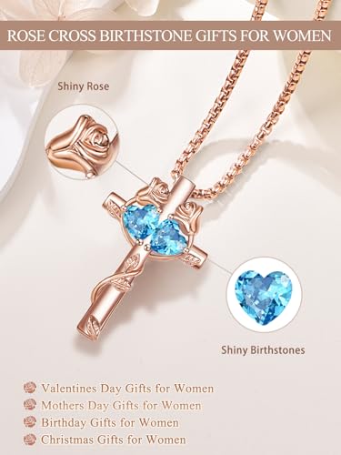 Rose Gold Cross Necklace with 2 Birthstones and Rose | Cross with Birthstone Necklace, Hypoallergenic, Adjustable Rolo Chain, Birthday Gifts, Catholic Christian Religious Jewelry - color: 12-12-Dec-Dec Birthstone