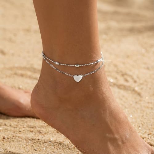 Dainty Anklets for Women, 14K Gold Plated & Sterling Silver Plated Ankle Bracelets, Adjustable, Waterproof & Hypoallergenic Summer Beach Foot Jewelry in Assorted Styles - style: 2 anklets heart silver