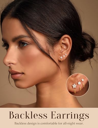 Freekiss 3 Pairs Backless Half Hoop Earrings Set for Women | 14K Gold Plated CZ Stay Close Hoop Earrings, Hypoallergenic Huggie Stackable Earring for Everyday & Sleep Wear Jewelry Gift - color: Star CZ-GD