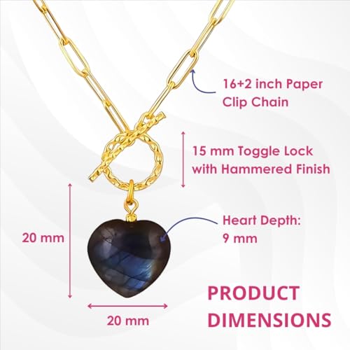 Gempires Gemstone Heart Pendant Necklace for Women, Gold Toggle Birthstone | Handmade gemstone heart pendant necklace — choose from 11 stones and birthstones, gold toggle paperclip chain. - color: Labradorite