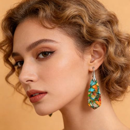 Boho Natural Imperial Jasper Teardrop Dangle Earrings for Women – Hypoallergenic French Hook Stone Drop Earrings Jewelry - color: Colorful Silvery Hook