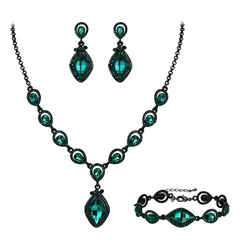 EVER FAITH Bridal Wedding Crystal Marquise Teardrop Pendant Necklace Earrings Bracelet Set for Prom - color: Green Black-Tone