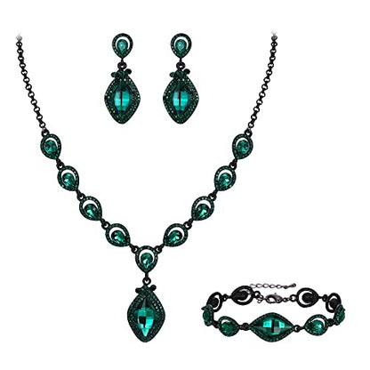 EVER FAITH Bridal Wedding Crystal Marquise Teardrop Pendant Necklace Earrings Bracelet Set for Prom - color: Green Black-Tone