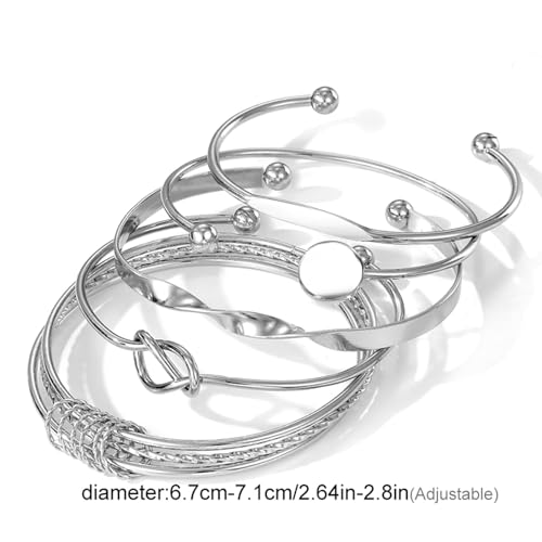 IFKM Gold Bangle Bracelets For Women, 14k Gold Plated Multi Layer Stackable Cuff Bracelet Set, Trendy Elegance Charms Non Tarnish Minimalist Textured Boho Jewelry Gift for Women - style: Multilayer opening silver