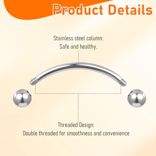 12pcs Curved Barbell Piercing Jewelry 16g Eyebrow Rook Piercing Jewelry | with 3mm Balls Stainless Steel Vertical Labret Lip Eyebrow Rings Tragus Helix Belly Lip Ring Body Piercings - color: Silver