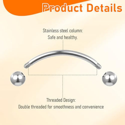 12pcs Curved Barbell Piercing Jewelry 16g Eyebrow Rook Piercing Jewelry | with 3mm Balls Stainless Steel Vertical Labret Lip Eyebrow Rings Tragus Helix Belly Lip Ring Body Piercings - color: Silver