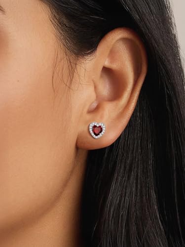 FindChic Birthstone Earrings for Women, Round/Heart/Square/Teardrop Earrings with 925 Sterling Silver Posts & Push Backs, Hypoallergenic Studs with Cubic Zirconia, 12 Months Jewelry with Gift Box - style: 01. January-Garnet (Heart-Silver)