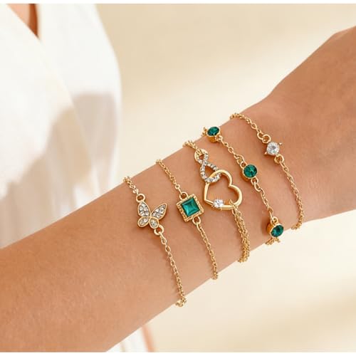Alegend 14K Gold Plated Stackable Multilayer Bracelets + Titanium Steel(Not Rust, Resist Corruption, Easily Clean) 18K Gold Plated Single Bracelets - color: 14K Gold + 5PCS Crystal