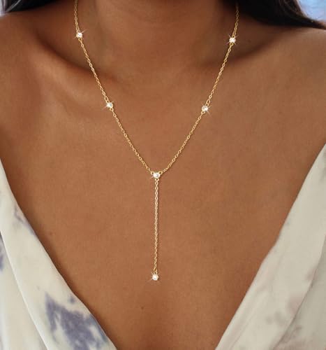 CAROVO Gold Necklace for Women Dainty Long Necklace 14K Gold/Silver Lariat Y-Shaped Pendant Necklaces Trendy Layered Lip Cubic Zirconia Beaded Chain Drop Necklaces Jewelry for Women Gifts - color: Gold, style: E: Gold Y Necklace CZ-774