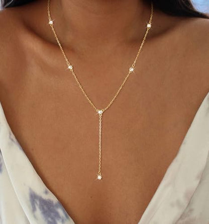 CAROVO Gold Necklace for Women Dainty Long Necklace 14K Gold/Silver Lariat Y-Shaped Pendant Necklaces Trendy Layered Lip Cubic Zirconia Beaded Chain Drop Necklaces Jewelry for Women Gifts - color: Gold, style: E: Gold Y Necklace CZ-774