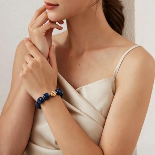 VIBILIA Chunky Beaded Bracelet for Women Multicolor Big Resin Acrylic Bead Elastic Stretch Bracelet, Trendy Statement Bracelets Boho Summer Beach Vacation Charm Jewelry - color: Square-Blue