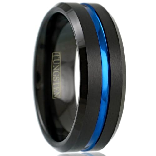 Elegant 6mm/8mm Brushed Satin Finish Black Tungsten Carbide Band Ring w/Cool Thin Blue Line Stripe & Polished Beveled Edges feat. Comfort Fit Inner Band.