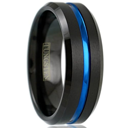 Elegant 6mm/8mm Brushed Satin Finish Black Tungsten Carbide Band Ring w/Cool Thin Blue Line Stripe & Polished Beveled Edges feat. Comfort Fit Inner Band.