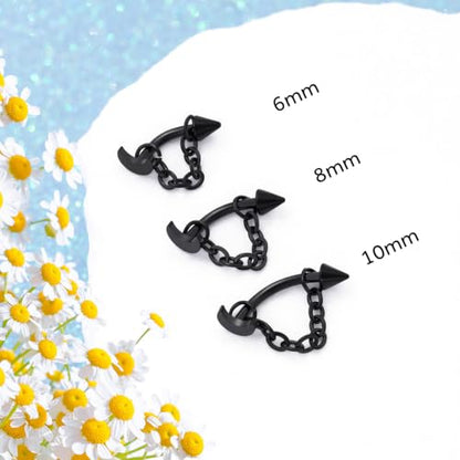3 Pcs 316L Stainless Steel 16G Tragus Helix Rook Piercing Jewelry with Chain, Cartilage Earrings for Women, Belly Button Ring Vertical Labret Lip Piercing Jewelry - color: Black, size: Moon