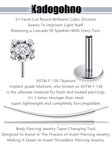 F136 Titanium 20/18/16g Internally Threaded Medusa Monroe Lip Ashley Labret Nose Rings Flat Back Tragus Helix Cartilage Conch Screw Stud Earrings Surgical Steel Piercing Jewelry for Women - color: White CZ, size: 16g*1/4in