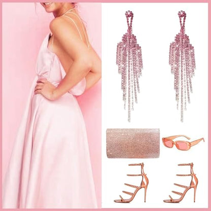 Rhinestone Earrings Prom Earrings for Women Sparkly Long Tassel Chandelier Drop Statement Earring Jewerly Gifts Wedding Party Prom Dresses Accessories - color: A3: pink prom earrings