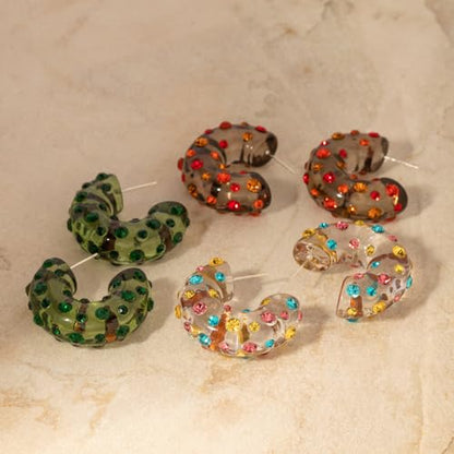 Chunky Acrylic Hoop Earrings for Women Thick Rhinestone Resin Open Hoops Colorful Geometric Earrings Lightweight Hypoallergenic for Sensitive Ears - color: CZ-Clear