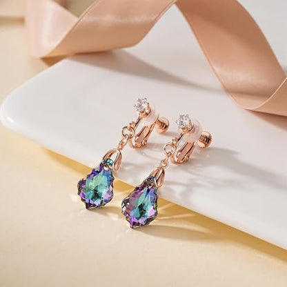 Austrian Crystal Baroque Drop Clip On Dangle Earrings for Women Non Pierced 14K Rose Gold Plated Hypoallergenic Jewelry - color: Vitrail Light