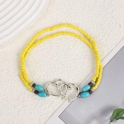 Elastic Beaded Ankle Bracelets for Women Double Heart Layered Stretch Ankle Bracelets Waterproof Dainty Boho Beaded Anklets for Summer Beach Foot Jewelry - color: Yellow Silver