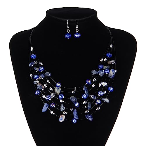 Multi-Layer Boho Shell Beaded Necklace for Women Colorful Crystal Strand with Silver Beads Statement Collars Necklace and Earrings Costumes Jewelry Sets for Women - color: 48-Sapphire