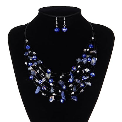 Multi-Layer Boho Shell Beaded Necklace for Women Colorful Crystal Strand with Silver Beads Statement Collars Necklace and Earrings Costumes Jewelry Sets for Women - color: 48-Sapphire