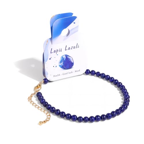 Natural Stone Beaded Anklets for Women, Handmade Boho Clear Quartz 4mm Crystal Beads Anklet, Gold Chain Adjustable Ankles Bracelet, Beach Summer Jewelry Gemstone Foot Bracelet Gift - color: Lapis Lazuli