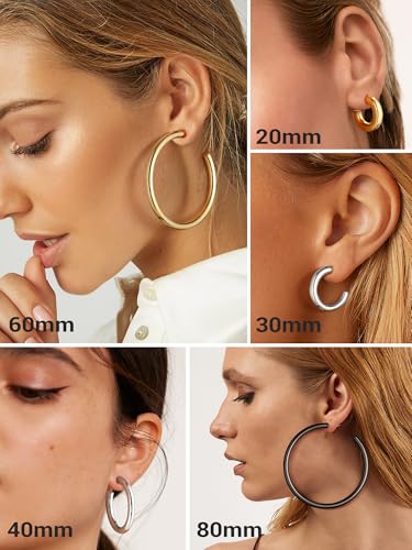 PROSTEEL Chunky Hoop Earrings for Women 14K Gold Plated/Black/Silver | 20/30/40/50/60/70/80mm Stainless Steel Thick Big Round Hoop with Waterproof and Non Tarnish Trendy Jewelry with Gift Box - color: 2. Gold, size: 60MM