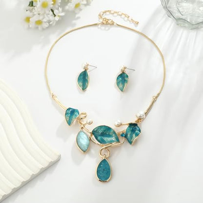 Vintage Statement Jewelry Set - Chunky Flower Floral Plant Geometric Resin Bib Necklace Earring Set Bohemian Boho Crystal Rhinestone Fashion Jewelry for Women Bridal Party Prom Unique Gift - style: MLJS2609-Blue
