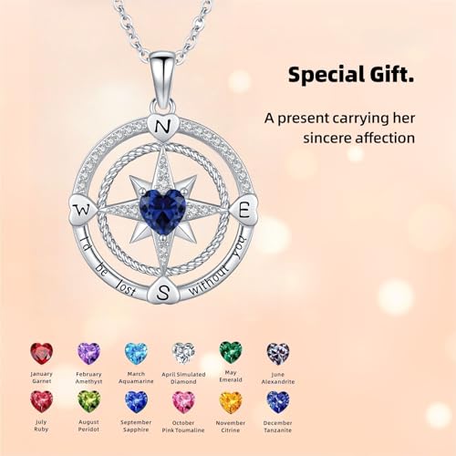 Compass Birthstone Necklace for Women S925 Sterling Silver with Cubic Zirconia - Birthday Jewelry gift for her, Girlfriend, Wife, Mom on Birthday, Anniversary - color: 09 - Sapphire