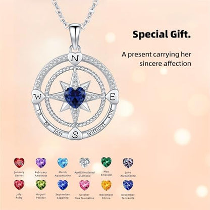 Compass Birthstone Necklace for Women S925 Sterling Silver with Cubic Zirconia - Birthday Jewelry gift for her, Girlfriend, Wife, Mom on Birthday, Anniversary - color: 09 - Sapphire