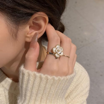 Flower Open Statement Rings for Women, Exquisite Cubic Zirconia Sterling Silver Stacking Ring Adjustable Open Ring,Fashion Jewelry Gifts,Suitable For Women Daily and Wedding Wear, Gifts For Your Wife - color: White