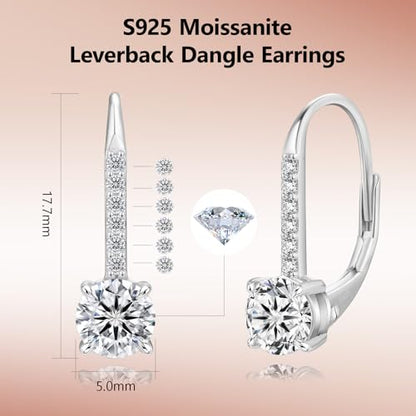KRKC Moissanite Earrings, 1.0ct-2.0ct D Color Lab Created Diamond Earring, 14k White Gold Plated Sterling Silver Dangle Earrings S925 Leverback Drop Earring for Women Hypoallergenic Jewelry for Gifts - color: Round-Silver-5mm