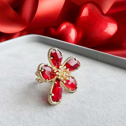 Large Flower Crystal Ring, Crystal Petal Ring, Size Adjustable, Fashion Ladies Must - color: Red