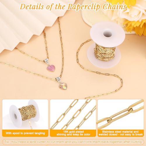 23 Ft Gold Chain for Jewelry Making, 18K Gold Plated Stainless Steel Oval Paperclip Chain Roll with 10 Lobster Clasps 30 Jump Rings 1 Opening Closing Tool for DIY Charm Necklaces Bracelets Women Men