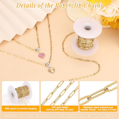23 Ft Gold Chain for Jewelry Making, 18K Gold Plated Stainless Steel Oval Paperclip Chain Roll with 10 Lobster Clasps 30 Jump Rings 1 Opening Closing Tool for DIY Charm Necklaces Bracelets Women Men