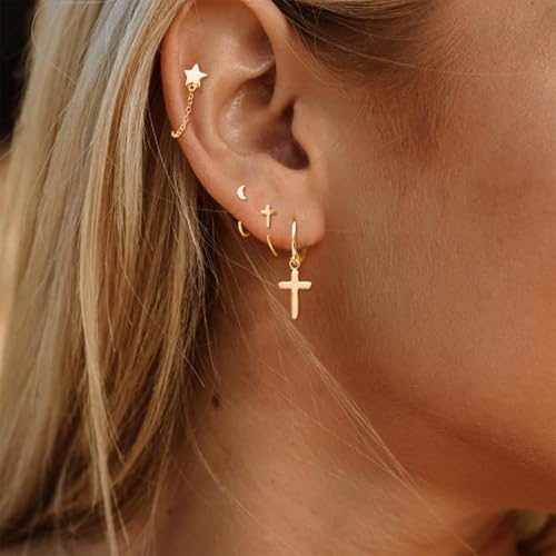 Ear Cuffs Non Piercing Hypoallergenic Gold Plated Ear Cuff Earrings for Women Trendy Clip On Cartilage Earring Set Dainty Adjustable Fake Piercings Earrings Fashion Accessories - color: G:gold cross star earrings set