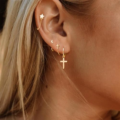 Ear Cuffs Non Piercing Hypoallergenic Gold Plated Ear Cuff Earrings for Women Trendy Clip On Cartilage Earring Set Dainty Adjustable Fake Piercings Earrings Fashion Accessories - color: G:gold cross star earrings set