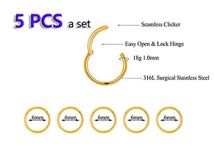 5Pcs 16G 18G Surgical Steel Nose Rings Hoop Tragus Septum Cartilage Hoop Earrings For Women Men Body Piercing Jewelry Kit Bar Length 6mm/8mm/10mm/12mm/14mm - style: 5Pcs -18G - Gold - 6mm