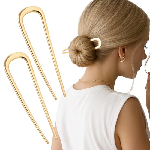2PCS 4.2Inch French Hair Pins U-Shaped Pins for Women and Girls Fashion Metal Hair Pin French Twist Hair Pins for Buns, Updos,Stylish and Functional(set1-gold)