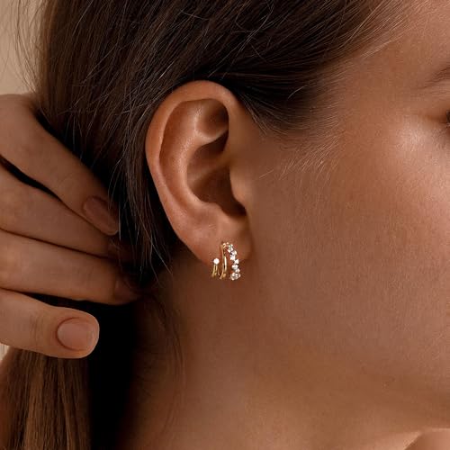 Gold Earrings for Women, Dainty Triple Huggie Earrings 14K Gold Plated Small Hoop Earrings for Women Trendy Cute Hypoallergenic Stud Earrings Unique Double Hoops Waterproof Womens Jewelry Gifts - color: gold plated-D