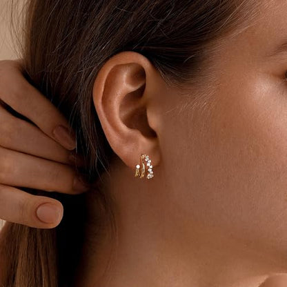 Gold Earrings for Women, Dainty Triple Huggie Earrings 14K Gold Plated Small Hoop Earrings for Women Trendy Cute Hypoallergenic Stud Earrings Unique Double Hoops Waterproof Womens Jewelry Gifts - color: gold plated-D