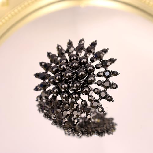 Elegant Big Crystal Ring for Women Gold Stacking Pearl Rhinestone Flower Rings Open Finger Adjustable Crystal Statement Ring Jewelry for Bridal Wedding - color: Crystal 2-black