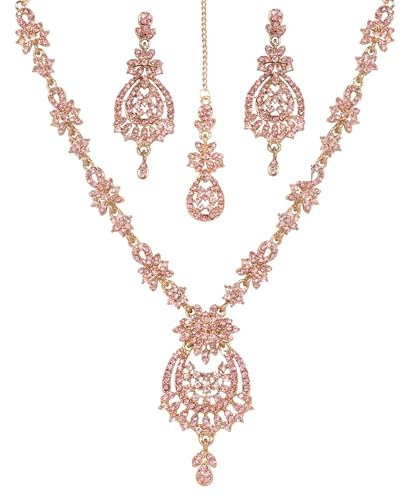 Touchstone Indian jewelry sets for women maang tikka wedding guest gold necklace bollywood jewellery set pageant elegant prom bride accessories western crystal chunky rhinestone necklaces - color: 1 Pink light in antique gold plating