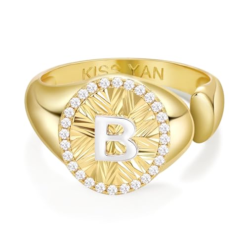 KissYan 14K Gold Plated Initial Ring for Women | Adjustable CZ Halo Letter Signet Ring, Personalized Monogram Statement Jewelry Gift, Tarnish Resistant - style: Letter B