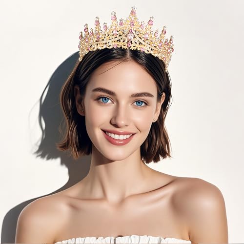 Tiaras and Crowns for Women Crystal Princess Tiaras Rhinestone Queen Crowns For Wedding Bridal Birthday Prom Pageant Party (Tiara 100) - color: Gold Pink