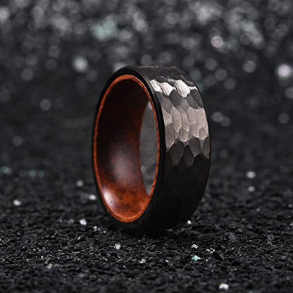 King Will Hammered 8mm Silver Tungsten Ring Hammer Men Wedding Band Comfort Fit - color: wood-black