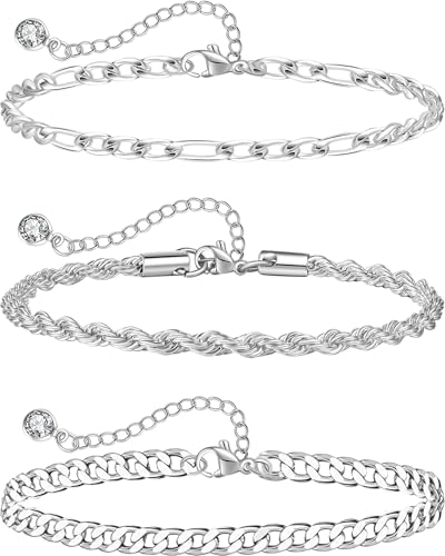 Sterling Silver Ankle Bracelets for Women Strong Lobster Clasp - Cuban Link, Figaro, Rope, Flat Mariner, Snake Herringbone, Satellite, Paperclip - Summer Beach Waterproof Silver Anklet - color: Figaro,Curb,Rope